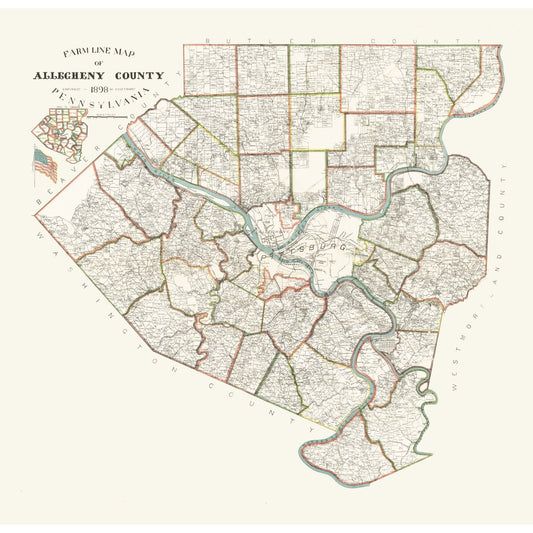 Historic County Map - Alleghany County Pennsylvania - Trainey 1898 - 23.74 x 23 - Vintage Wall Art