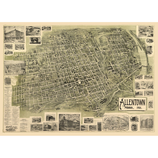 Historic Panoramic View - Allentown PennsylvaniaAlsop 1901  - Vintage Wall Art