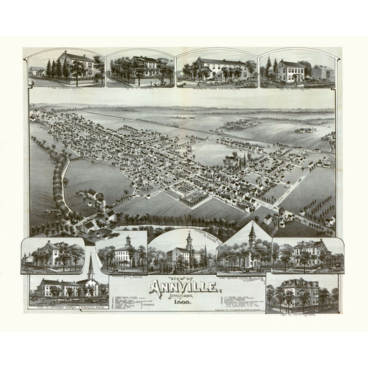 Historic Panoramic View - Annville Pennsylvania - Moyer 1888 - Vintage Wall Art