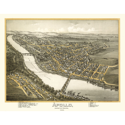Historic Panoramic View - Apollo Pennsylvania - Moyer 1896 - Vintage Wall Art