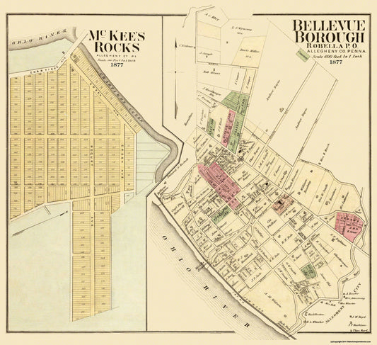 Historic City Map - Bellevue McKees Rock Pennsylvania - Hayes 1877 - 25.13 x 23 - Vintage Wall Art