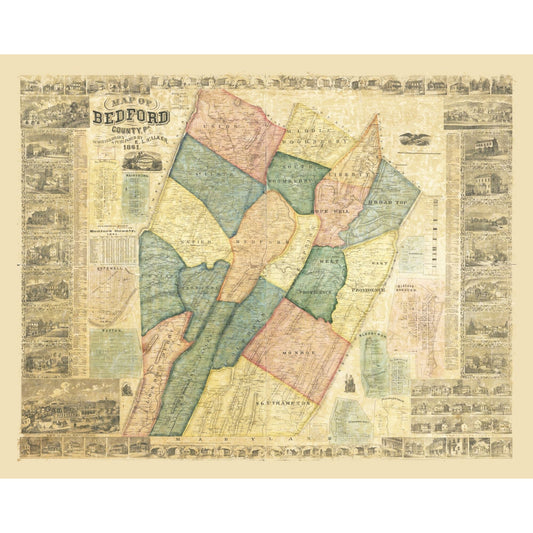 Historic County Map - Bedford County Pennsylvania - Walker 1861 - 28.89 x 23 - Vintage Wall Art