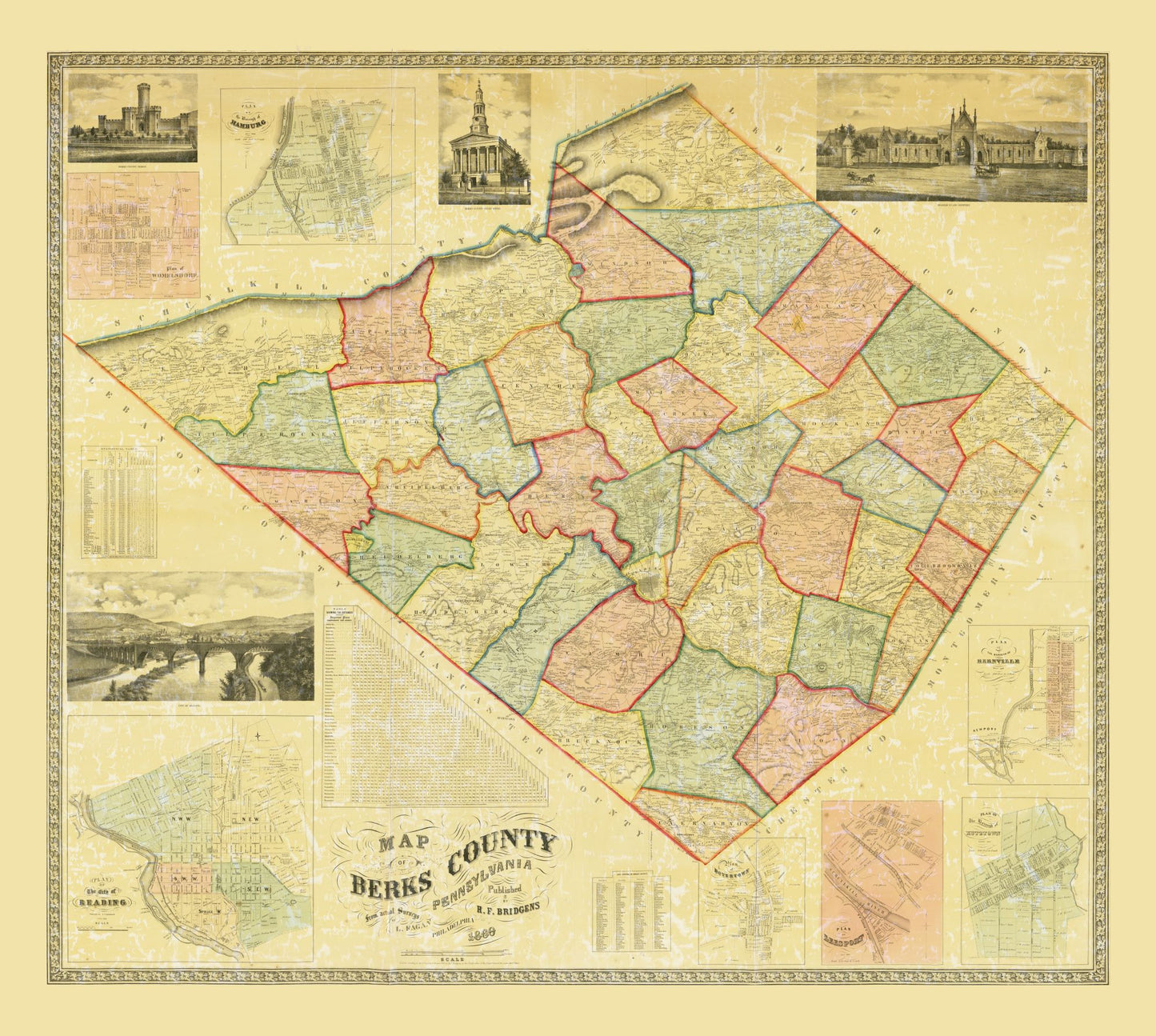 Historic County Map - Berks County Pennsylvania - Bridgens 1860 - 25.67 x 23 - Vintage Wall Art