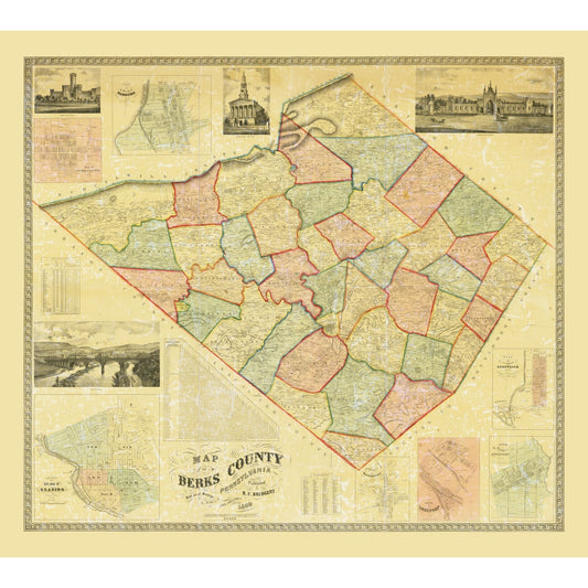 Historic County Map - Berks County Pennsylvania - Bridgens 1860 - 25.67 x 23 - Vintage Wall Art