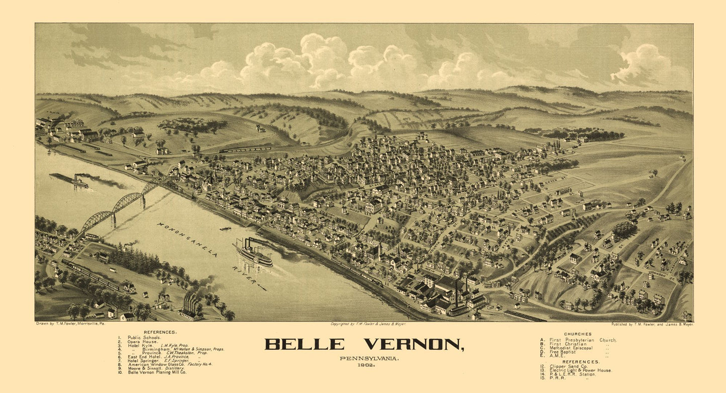 Historic Panoramic View - Belle Vernon Pennsylvania - Moyer 1902 - 42.50 x 23 - Vintage Wall Art