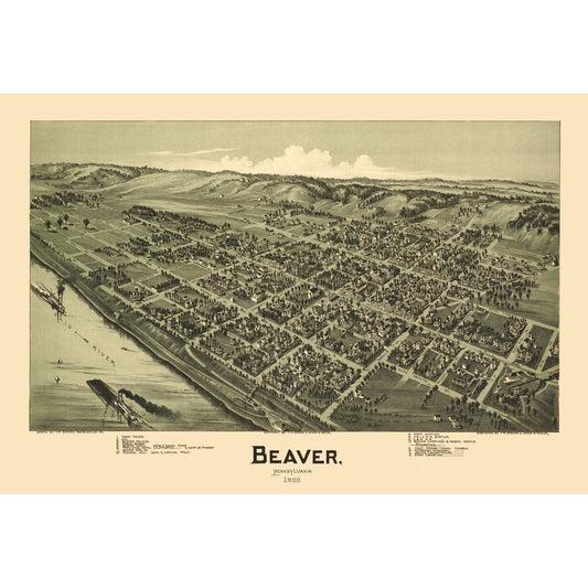 Historic Panoramic View - Beaver Pennsylvania - Moyer 1900 - Vintage Wall Art