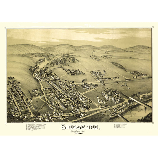 Historic Panoramic View - Birdsboro Pennsylvania - Downs 1890 - Vintage Wall Art