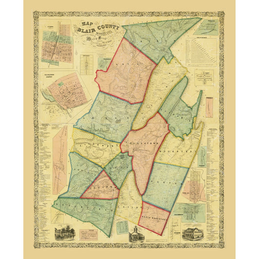 Historic County Map - Blair County Pennsylvania - Chestnut 1859 - 23 x 28.07 - Vintage Wall Art