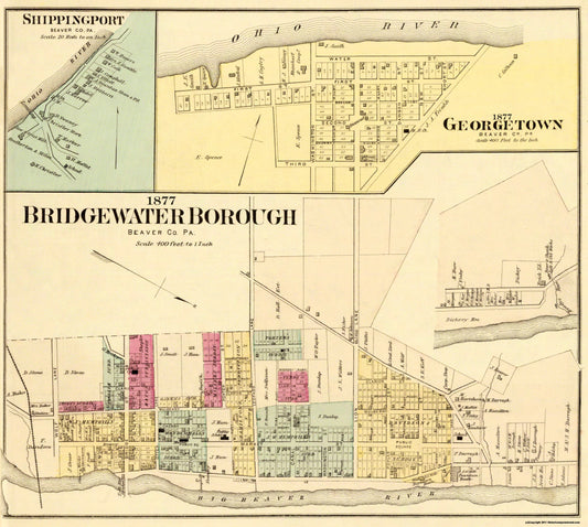 Historic City Map - Bridgewater Georgetown Pennsylvania - Hayes 1877 - 25 x 23 - Vintage Wall Art