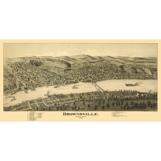 Historic Panoramic View - Brownsville Pennsylvania - Moyer 1902 - 45.06 x 23 - Vintage Wall Art