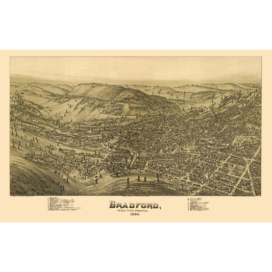 Historic Panoramic View - Bradford Pennsylvania - Moyer 1895 - Vintage Wall Art
