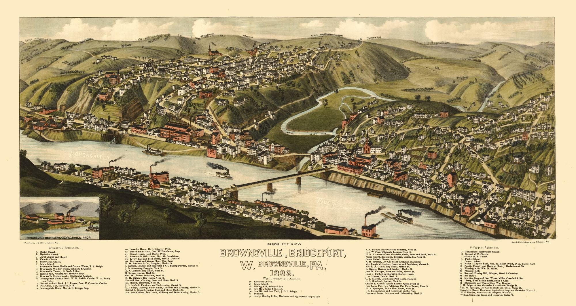 Historic Panoramic View - Brownsville Pennsylvania - Jones 1883 - 43.2 ...