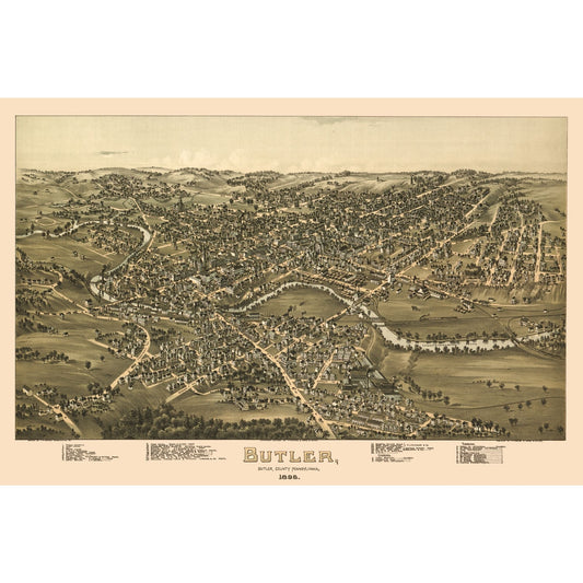 Historic Panoramic View - Butler Pennsylvania - Moyer 1896 - Vintage Wall Art