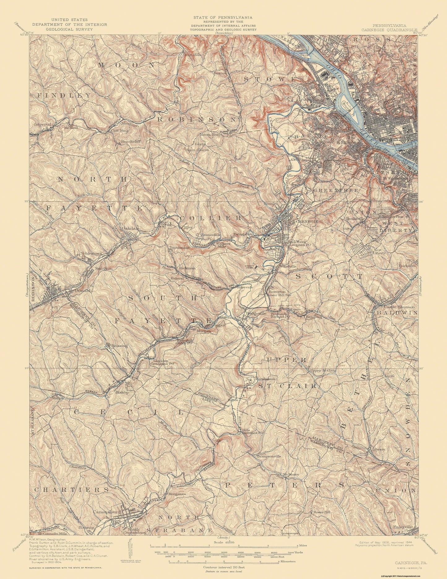 Topographical Map - Carnegie Pennsylvania Quad - USGS 1906 - 23 x 29.77 - Vintage Wall Art