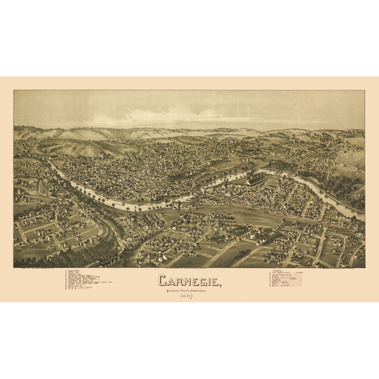 Historic Panoramic View - Carnegie Pennsylvania - Fowler 1897 - Vintage Wall Art