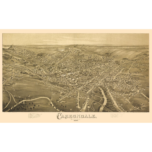 Historic Panoramic View - Carbondale Pennsylvania - Fowler 1890 - Vintage Wall Art