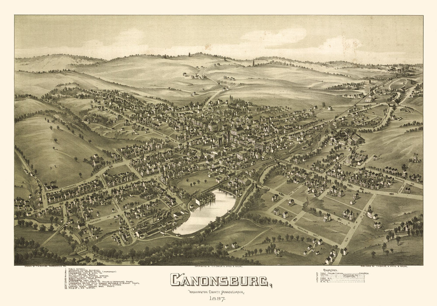 Historic Panoramic View - Canonsburg Pennsylvania - Fowler 1897 - 32.82 x 23 - Vintage Wall Art