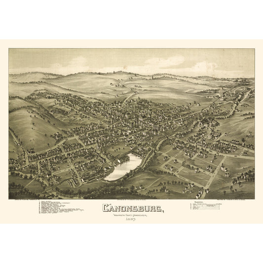 Historic Panoramic View - Canonsburg Pennsylvania - Fowler 1897 - Vintage Wall Art