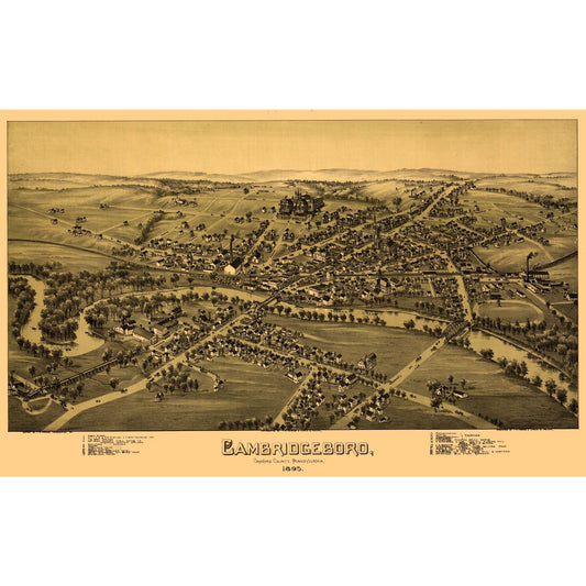Historic Panoramic View - Cambridgeboro Pennsylvania - Fowler 1895 - Vintage Wall Art