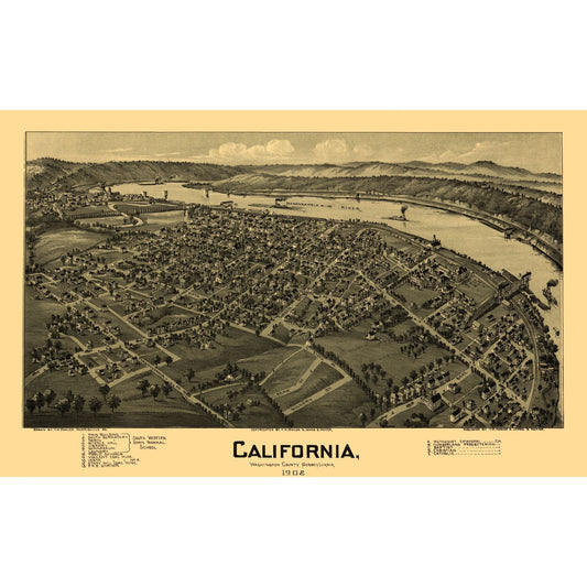Historic Panoramic View - California Pennsylvania - Fowler 1902 - Vintage Wall Art