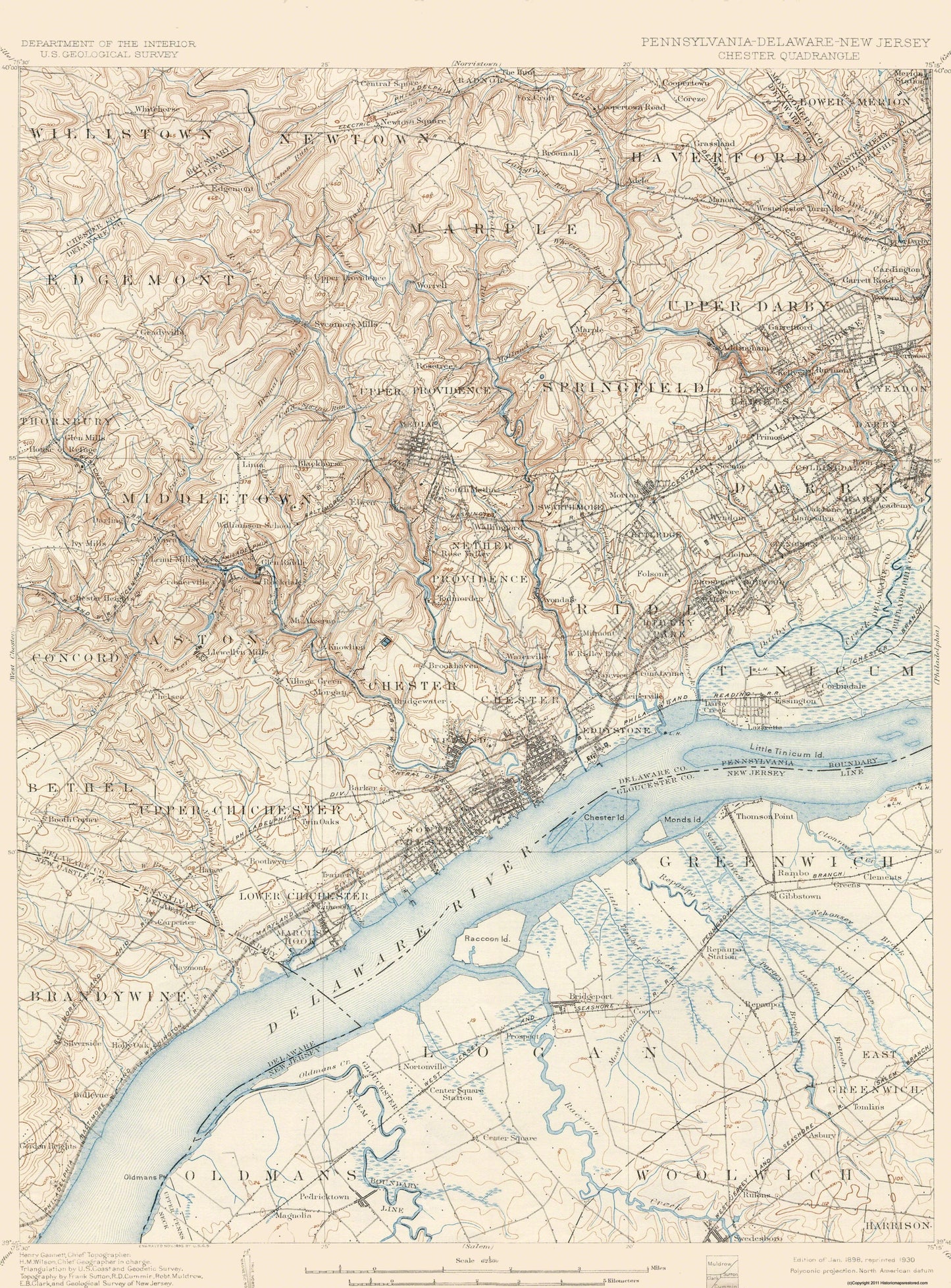 Topographical Map - Chester Pennsylvania New Jersey Deleware Quad - USGS 1898 - 23 x 31.12 - Vintage Wall Art