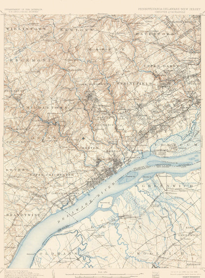 Topographical Map - Chester Pennsylvania New Jersey Deleware Quad - USGS 1898 - 23 x 31.12 - Vintage Wall Art