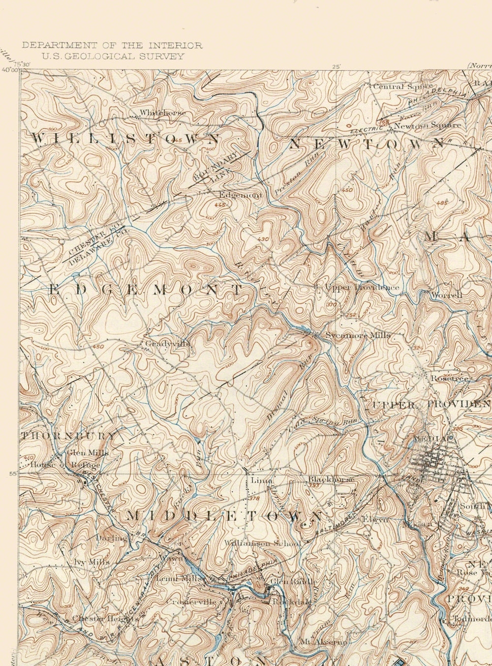 Antique Chester, shops Pennsylvania 1898 US Geological Survey Map – Philadelphia, Delaware County, Upper Darby, Haverford, Swarthmore, Media, PA