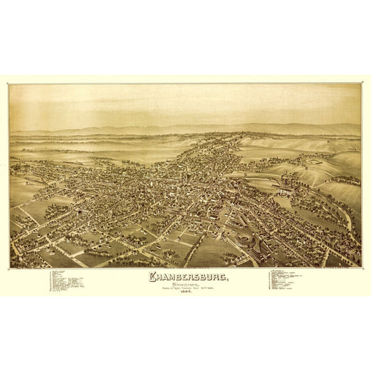 Historic Panoramic View - Chambersburg Pennsylvania - Moyer 1894 - 38.51 x 23 - Vintage Wall Art