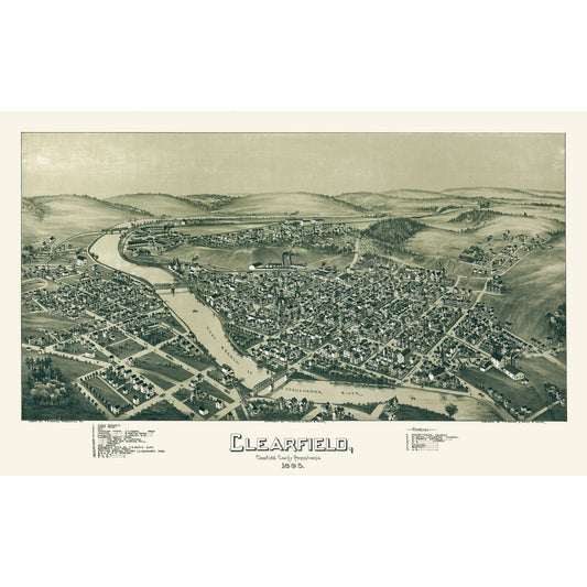 Historic Panoramic View - Clearfield Pennsylvania - Moyer 1895 - 37.05 x 23 - Vintage Wall Art