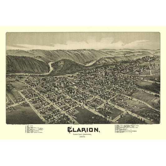 Historic Panoramic View - Clarion Pennsylvania - Moyer 1896 - 33.65 x 23 - Vintage Wall Art