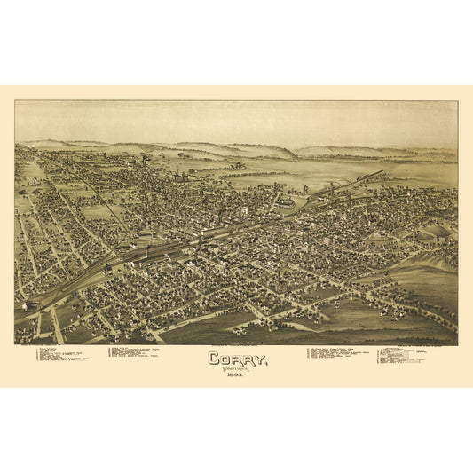 Historic Panoramic View - Corry Pennsylvania - Moyer 1895 - 35.97 x 23 - Vintage Wall Art