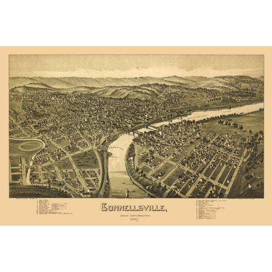Historic Panoramic View - Connellsville Pennsylvania - Moyer 1897 - 34.87 x 23 - Vintage Wall Art