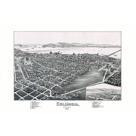 Historic Panoramic View - Columbia Pennsylvania - Moyer 1894 - 34.81 x 23 - Vintage Wall Art