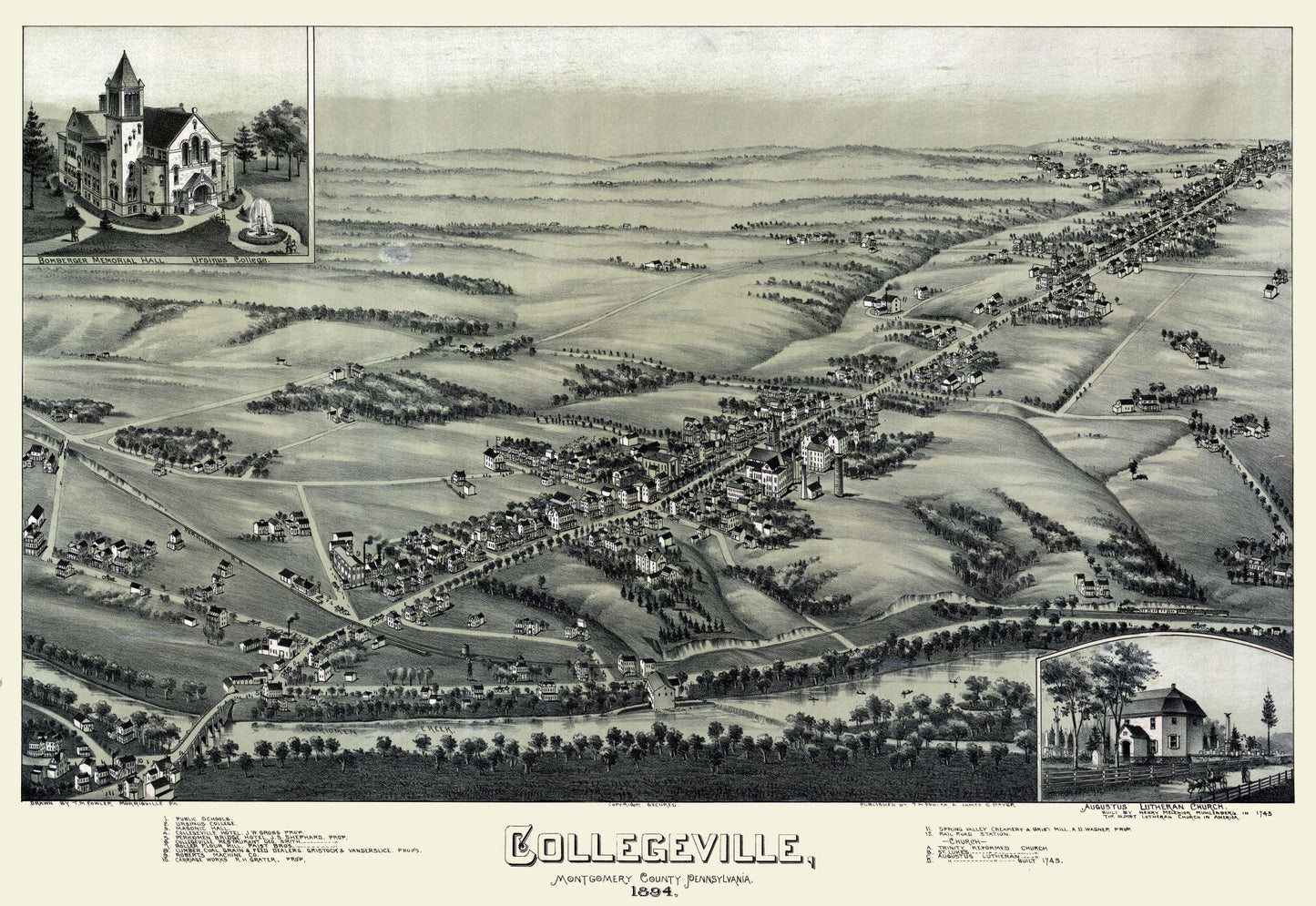 Historic Panoramic View - Collegeville Pennsylvania - Moyer 1894 - 33.41 x 23 - Vintage Wall Art