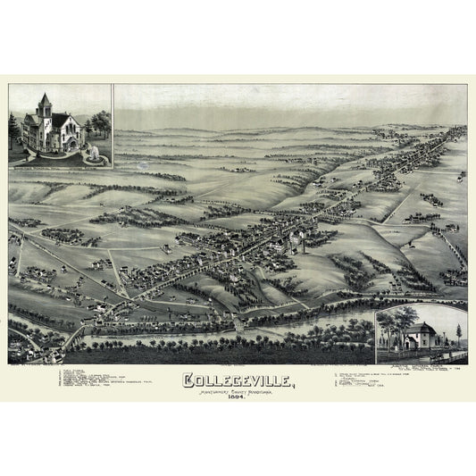 Historic Panoramic View - Collegeville Pennsylvania - Moyer 1894 - 33.41 x 23 - Vintage Wall Art