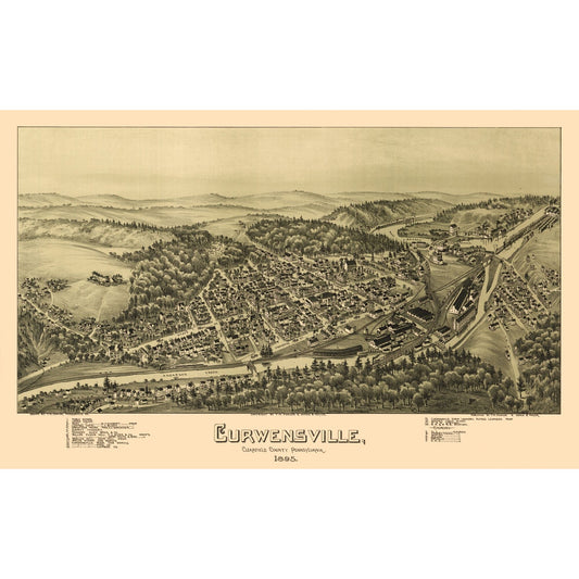 Historic Panoramic View - Curwensville Pennsylvania - Moyer 1895 - 37.10 x 23 - Vintage Wall Art