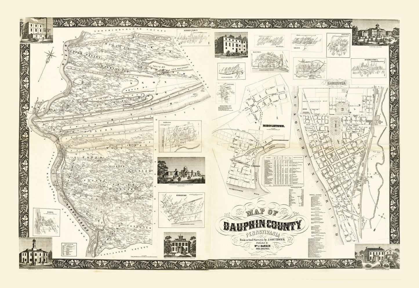 Historic County Map - Dauphin County Pennsylvania - Barker 1858 - 33.45 x 23 - Vintage Wall Art