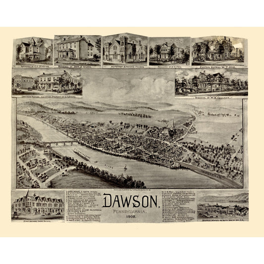 Historic Panoramic View - Dawson Pennsylvania - Fowler 1902 - 28.86 x 23 - Vintage Wall Art