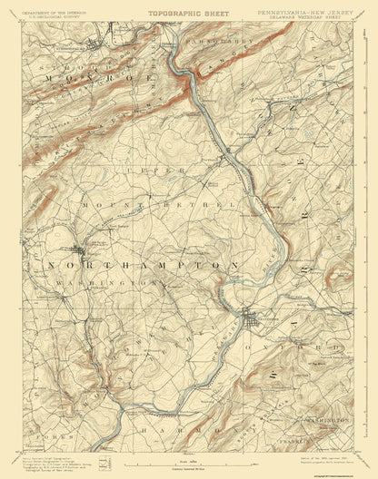 Topographical Map - Delaware Watergap Pennsylvania New Jersey Sheet - USGS 1893 - 23 x 29.18 - Vintage Wall Art