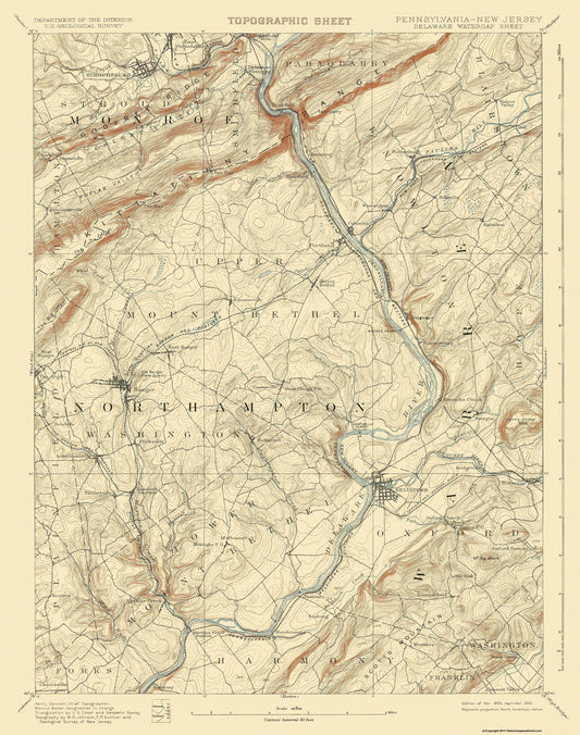 Topographical Map - Delaware Watergap Pennsylvania New Jersey Sheet - USGS 1893 - 23 x 29.18 - Vintage Wall Art