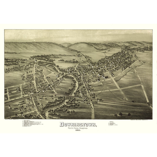 Historic Panoramic View - Downington Pennsylvania - Fowler 1893 - 32.98 x 23 - Vintage Wall Art