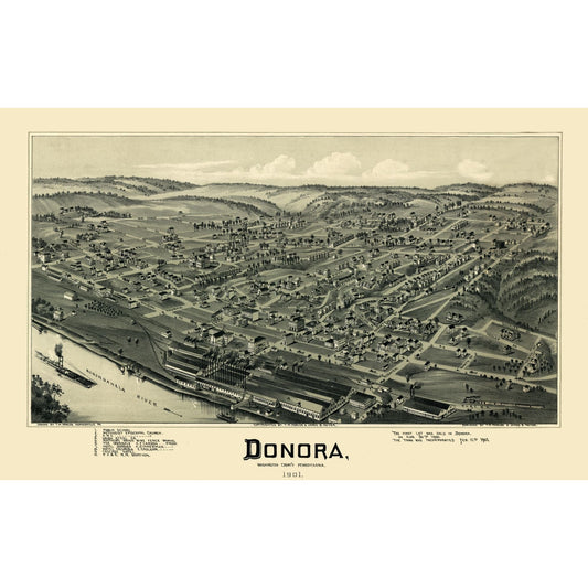 Historic Panoramic View - Donora Pennsylvania - Moyer 1901 - 36.33 x 23 - Vintage Wall Art