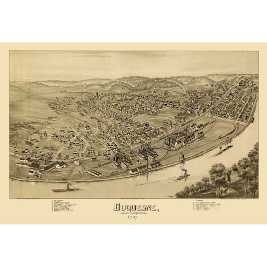 Historic Panoramic View - Duquesne Pennsylvania - Fowler 1897 - 33.57 x 23 - Vintage Wall Art
