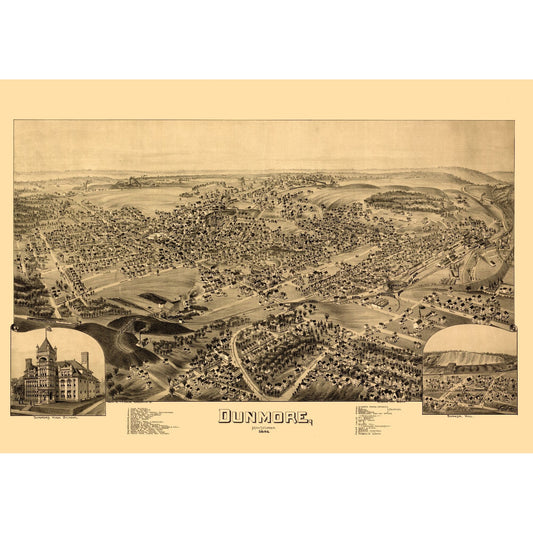 Historic Panoramic View - Dunmore Pennsylvania - Fowler 1892 - 32.80 x 23 - Vintage Wall Art