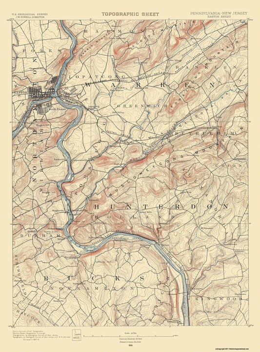 Topographical Map - Easton Pennsylvania New Jersey Sheet - USGS 1890 - 23 x 31.14 - Vintage Wall Art