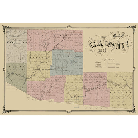 Historic County Map - Elk County Pennsylvania - Philed 1855 - 34.21 x 23 - Vintage Wall Art