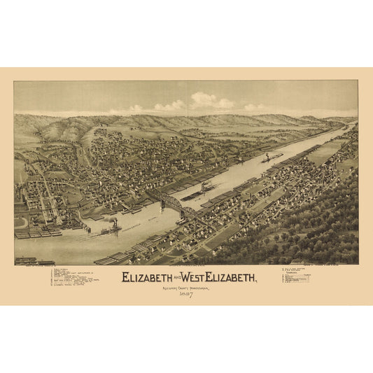 Historic Panoramic View - Elizabeth Pennsylvania - Fowler 1897 - 35.96 x 23 - Vintage Wall Art