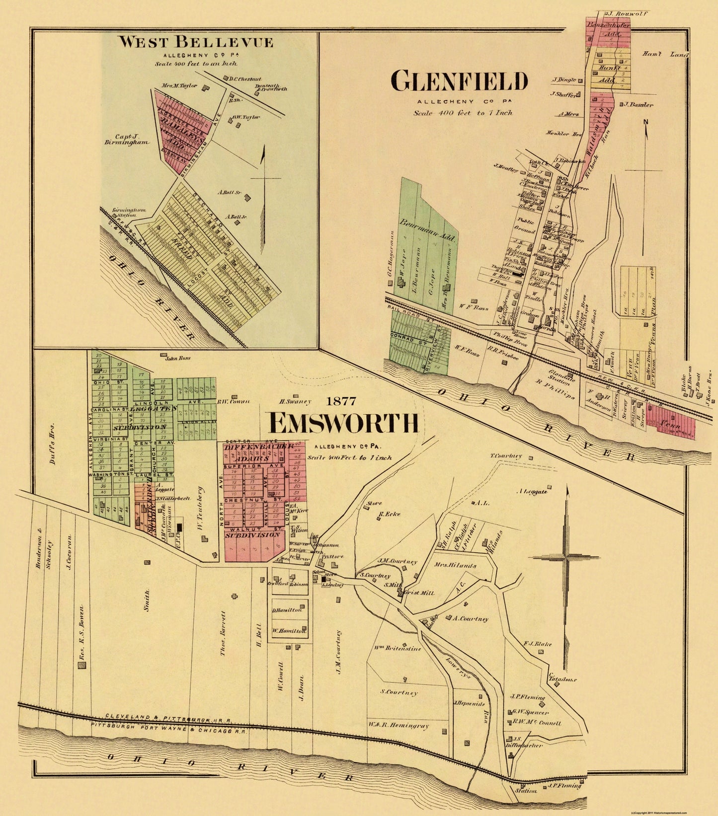 Historic City Map - Emsworth Glenfield Pennsylvania - Hayes 1877 - 23 x 26.13 - Vintage Wall Art