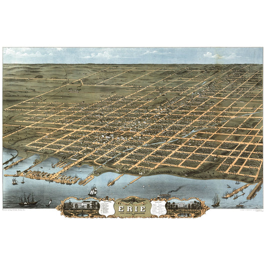 Historic Panoramic View - Erie Pennsylvania - Ruger 1870 - 34.90 x 23 - Vintage Wall Art