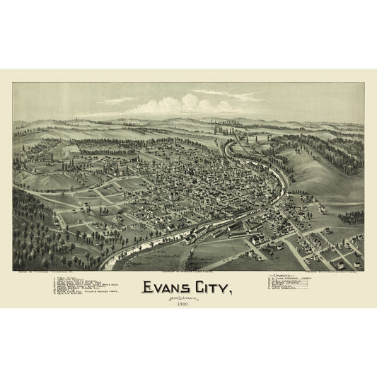 Historic Panoramic View - Evans City Pennsylvania - Fowler 1900 - 36.24 x 23 - Vintage Wall Art